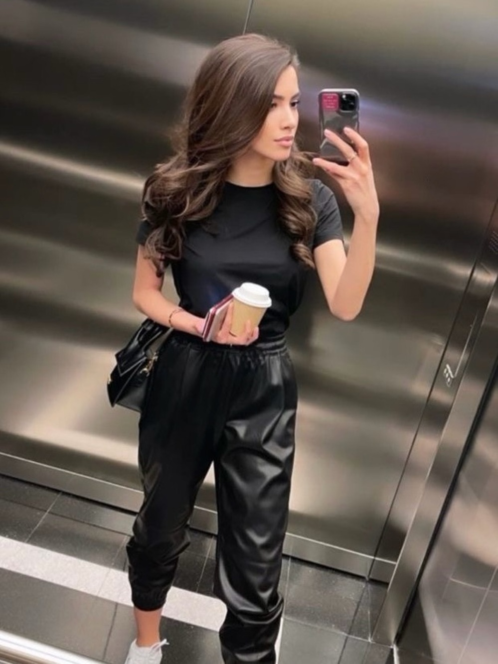 Babaton Faux Leather Jogger Pants Black High Rise Elastic Waist Size XS